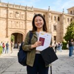 Estudiante internacional sonriendo con pasaporte y documentación frente a una universidad en España para el trámite de estancia por estudios