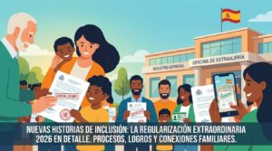 Personas con documentos y trámites de extranjería frente a una oficina pública para la regularización extraordinaria de 2026 en España