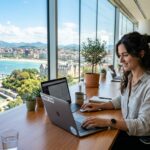 Nómada digital trabajando con ordenador portátil en un espacio moderno en España